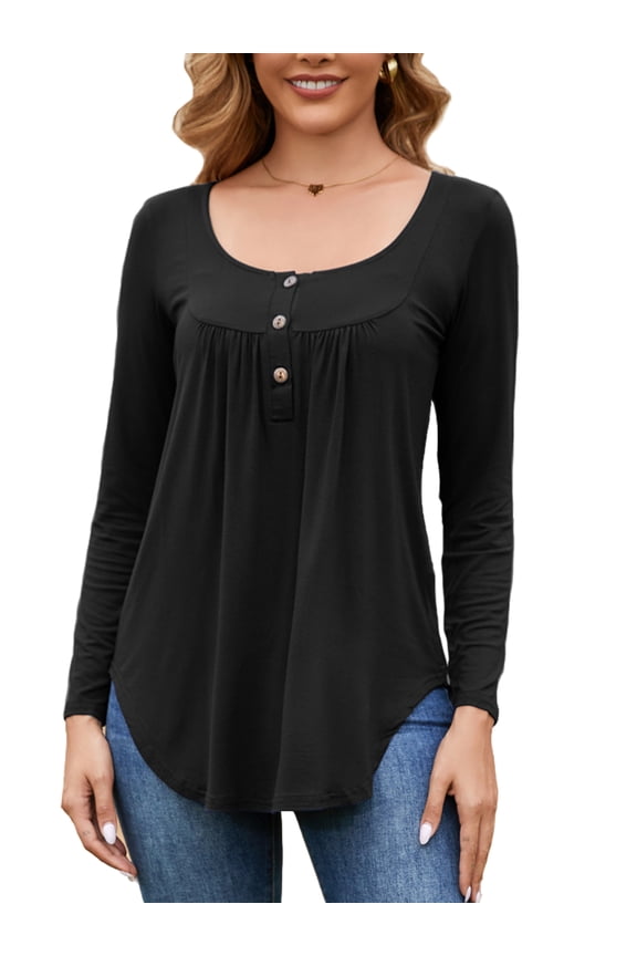 Shirt for Women Long Sleeve Pleated Henley Tops Casual Flared Tunic Blouse with Button (Black, L)