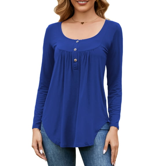 Fancyglim Women Henley Tops Round Neck Long Sleeve Casual Flared Button Tunic Shirt Flowy Pleated Blouse (Blue, S)