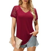 Fancyglim Womens Long Shirts Tunic Lace Short Sleeve T shirts V Neck Tops, Burgundy XL