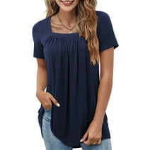 Fancyglim Womens Long Shirts Tunic Short Sleeve T shirts Square Neck Tops, Navy XL