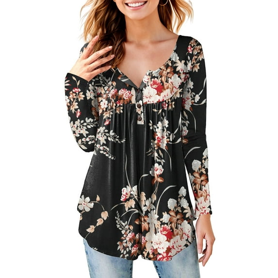Fancyglim Women Plus Shirt V Neck Floral Henley Tops Long Sleeve Pleated Blouse Loose Fall Tunic Top Black 2XL