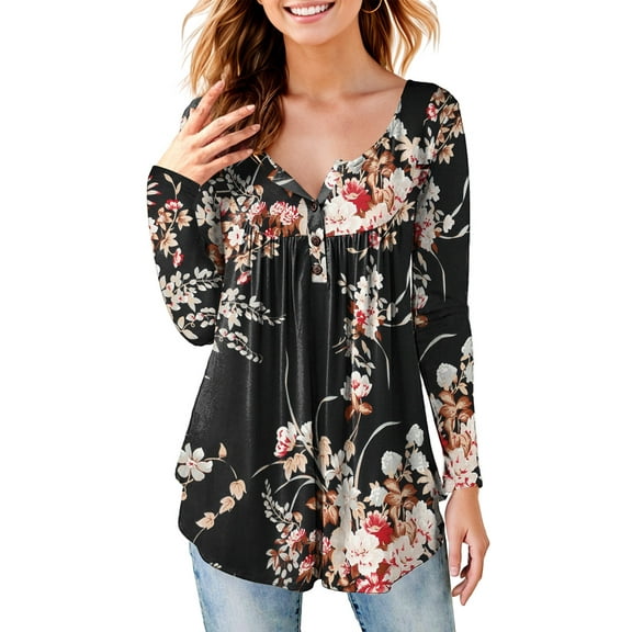 Fancyglim Women Plus Shirt V Neck Floral Henley Tops Long Sleeve Pleated Blouse Loose Fall Tunic Top Black 2XL