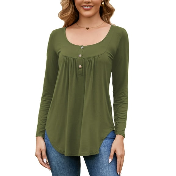 Fancyglim Women Tunic Tops Casual Round Neck Long Sleeve Henley Shirt Button Pleated Fall Loose Blouse (Green,L)