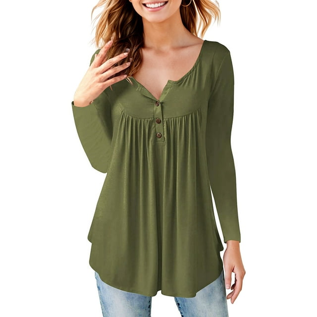 Fancyglim Womens Long Sleeve T Shirts Casual V Neck Button Tunic Blouse ...