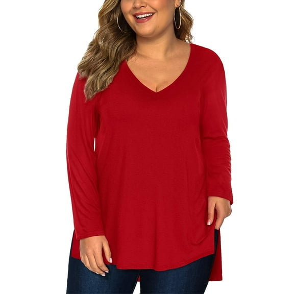 Fancyglim Womens Long Sleeve Tops V Neck Plain Tshirt Plus Size Tees(Red 5X)