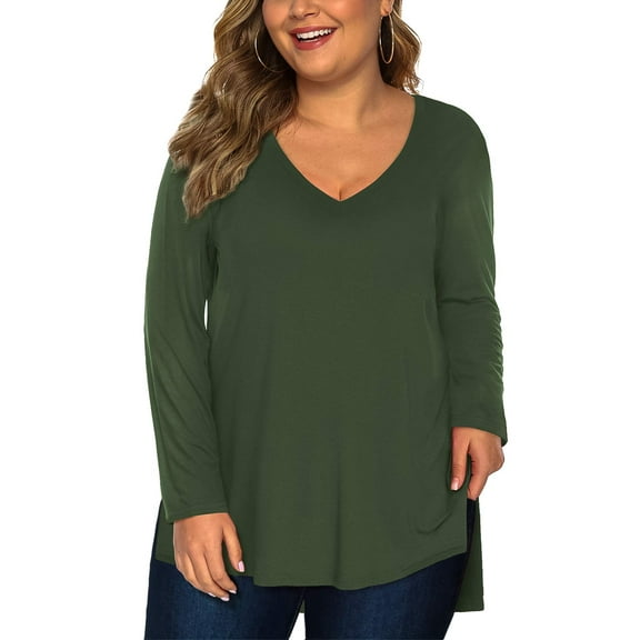 Fancyglim Womens Long Sleeve Tops V Neck T Shirt Plus Basic Tee(Green 3X)