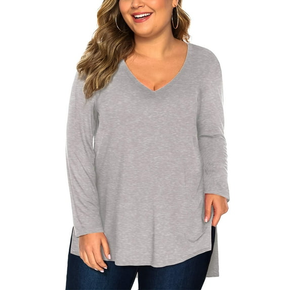 Fancyglim Womens Long Sleeve Tops V Neck T Shirt Plus Size Split Tee(Gray 3X)