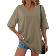 Fancyglim Womens Oversized Tops Plus Size Short Sleeve Loose Fit Tunic Shirts Khaki 4XL