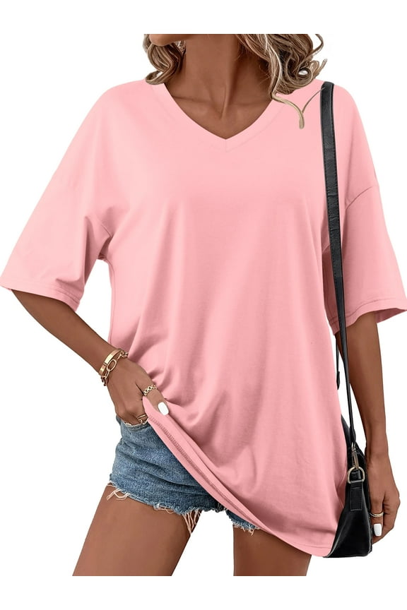 Womens Oversized Tops Plus Size Short Sleeve Loose Fit Tunic Shirts Pink 3XL