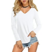 FANCYGLIM Womens Plus Size Long Sleeve Tops Basic V Neck T Shirts White 2XL