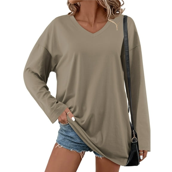 Fancyglim Womens Plus Size Oversized Shirts Long Sleeve V Neck Blouse Casual Loose Tunic Tops Pullover Khaki 2XL