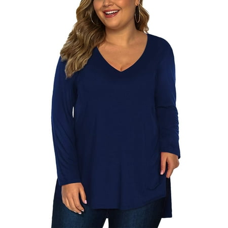 Fancyglim Womens Plus Size T-Shirts Long Sleeve Split Tops Tee Shirt(Blue 2X)