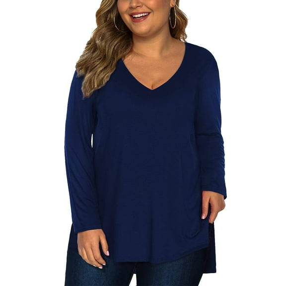 Fancyglim Womens Plus Size T-Shirts Long Sleeve Split Tops Tee Shirt(Blue 2X)