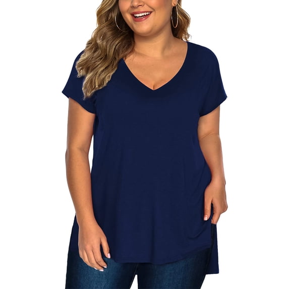 Fancyglim Womens Plus Size T-shirts Summer Short Sleeve High Low Tops(Blue 2X)