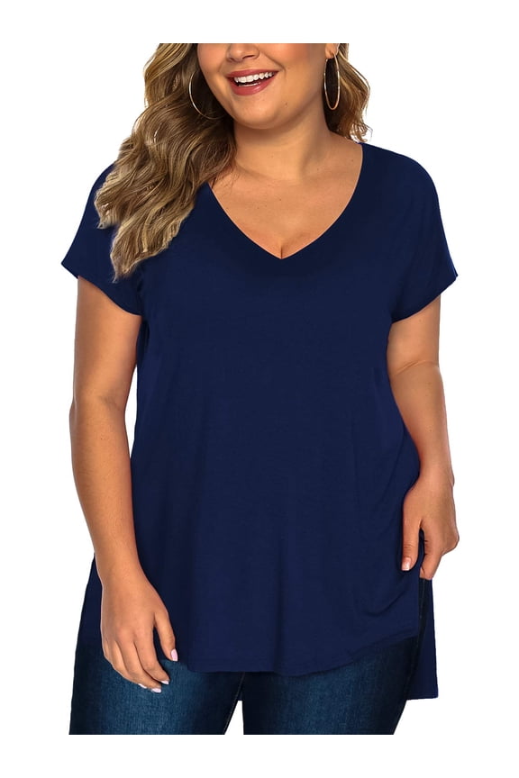 Womens Plus Size T-shirts Summer Short Sleeve High Low Tops(Blue 2X)