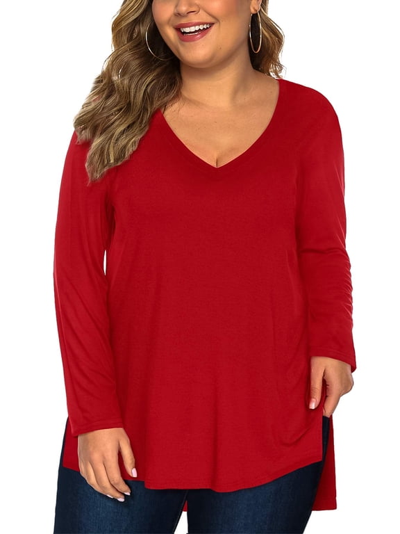 Womens Plus Size Tops Long Sleeve V Neck Tee Shirt Clothes(Red 1X)