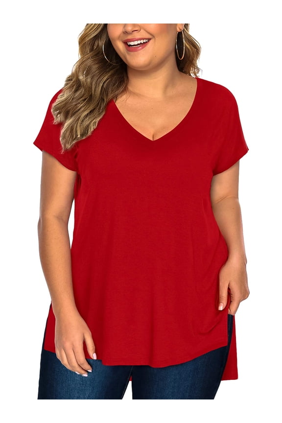 Womens Plus Size Tops Short Sleeve High Low Shirts(Red 1X)