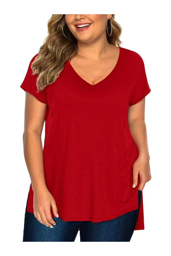 Womens Plus Size Tops Short Sleeve High Low Shirts(Red 3X)