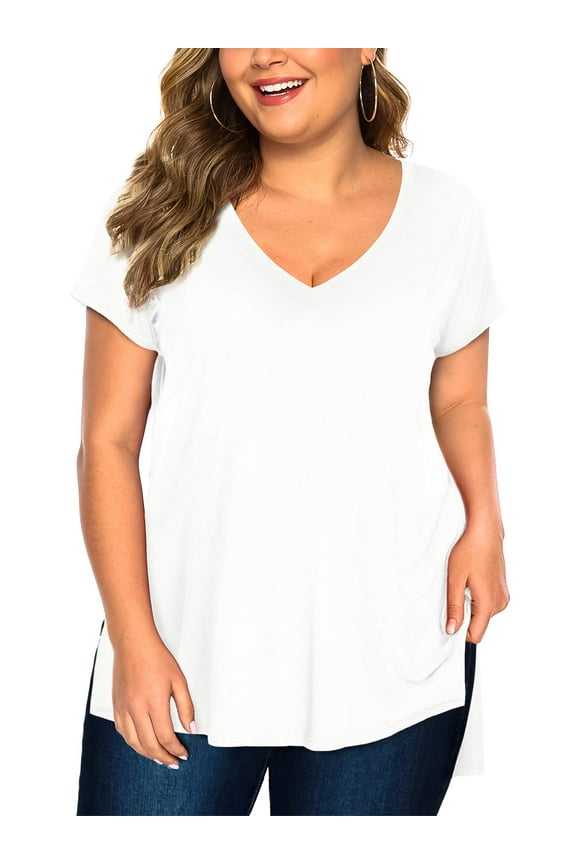 Womens Plus Size Tops Short Sleeve High Low Shirts(White 1X)