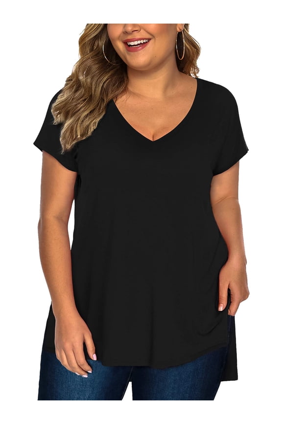 Womens Plus Size Tops V Neck Short Sleeve High Low Shirts(Black 2X)