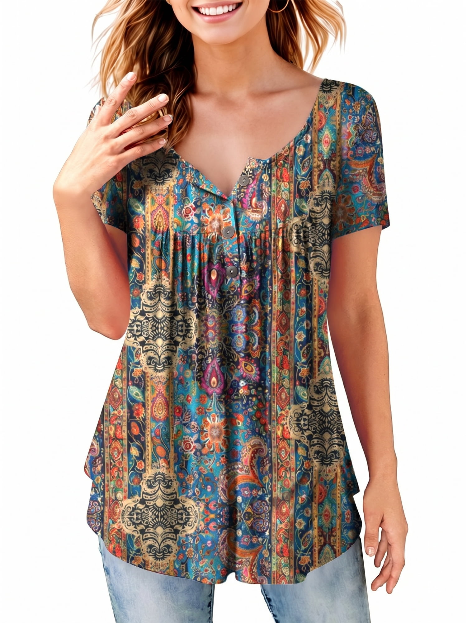 Fancyglim Womens Shirts Short Sleeve Tunic Tops Round Neck Henley ...