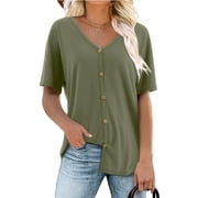Fancyglim Womens Shirts Summer V Neck Short Sleeve Loose Blouse Tops Green S