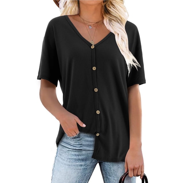 Fancyglim Womens Shirts V Neck Short Sleeve Loose Casual Button Top Blouse for Lady Black L