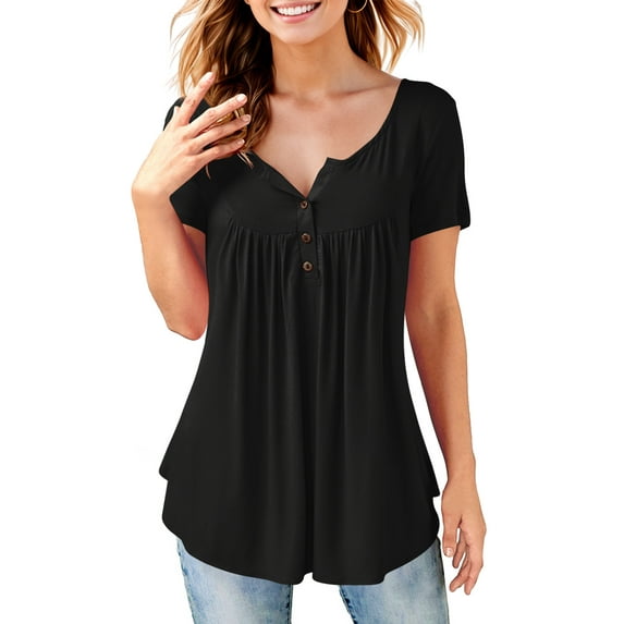 Fancyglim Womens Short Sleeve Shirts V Neck Curved Hem Tunic Tops (Black, L)