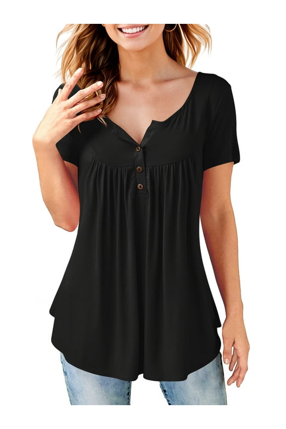 Womens Short Sleeve Shirts V Neck Curved Hem Tunic Tops (Black, XL)