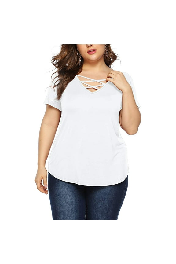 Fancyglim Womens Short Sleeve T-Shirts Summer V Neck Plus Size Tops White 2XL