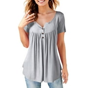 Fancyglim Womens Short Sleeve Tunic Button Up TShirts Soft Blouses Tops (Grey, L)