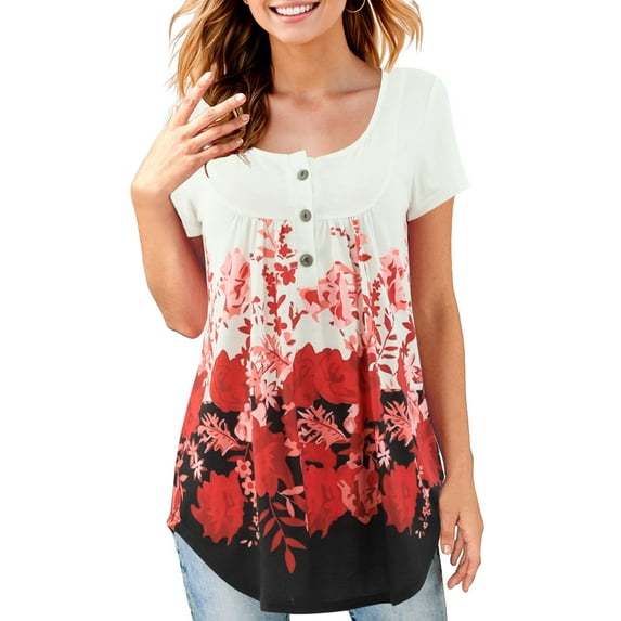 Fancyglim Womens Short Sleeve Tunic Tops Loose Fit Button Up Blouses Black 4XL