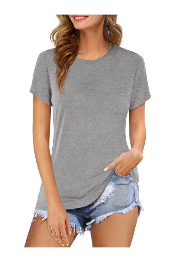 Womens Summer Tee Shirts Short Sleeve Crew Neck Tunic Top(Grey L)