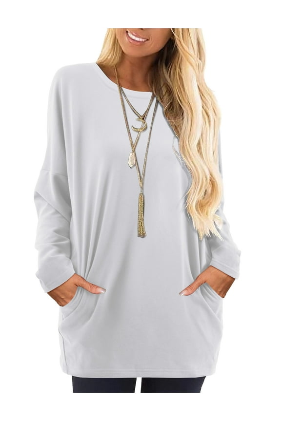 Womens Shirts Crew Neck Long Sleeve Sweatshirt Tunic Tops with Pockets White XL