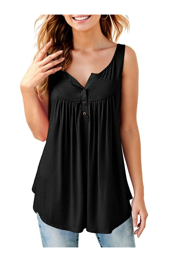 Fancyglim Womens Tank Henley Summer V Neck Curved Hem Tunic Blouses Black XL