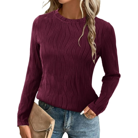 Fancyglim Womens Textured Tops Crewneck Shirts Basic Long Sleeve Blouses Burgundy M
