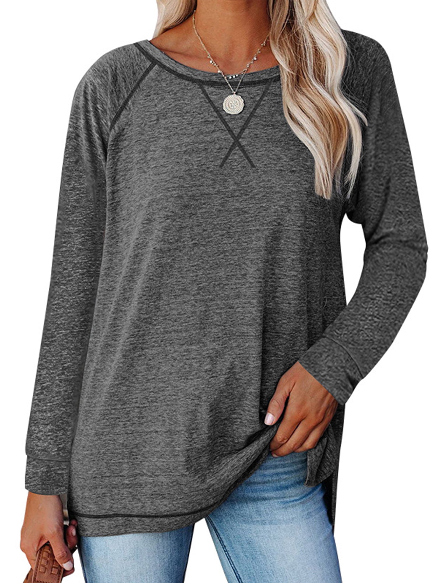 Fancyglim Womens Tunic Tops Long Sleeve Shirts Casual Crew Neck Blouse ...