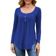 Fancyglim Women Plus Size Henley Tops Round Neck Long Sleeve Casual Flared Button Tunic Shirt Flowy Pleated Blouse Blue 4XL