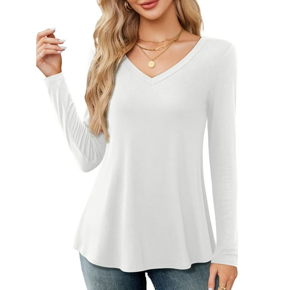 Fancyglim Womens Tunic Top Casual Long Sleeve Shirts V Neck Aline Blouse White XL