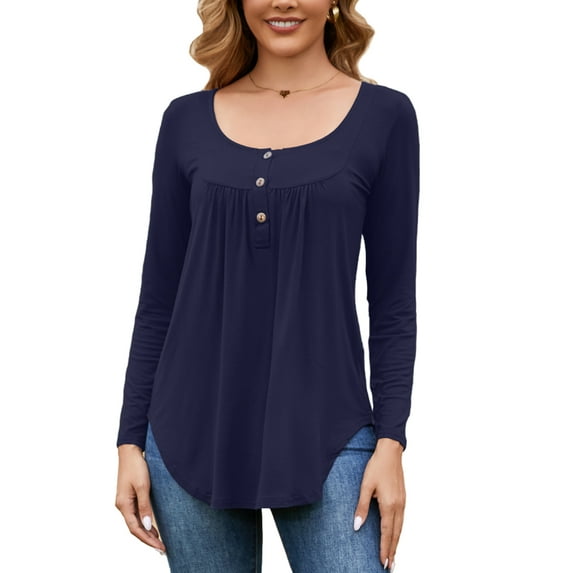 Fancyglim Tunic Tops for Women Long Sleeve Henley Shirt Casual Loose Pleated Blouse with Buttons (Navy, M)