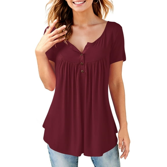Fancyglim Womens Tunic Tops Short Sleeve Henley T Shirts Solid Blouses (Burgundy, L)