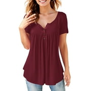 Fancyglim Womens Tunic Tops Short Sleeve Henley T Shirts Solid Blouses (Burgundy, M)