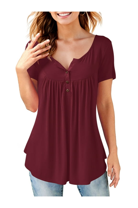 Womens Tunic Tops Short Sleeve Henley T Shirts Solid Blouses (Burgundy, XL)