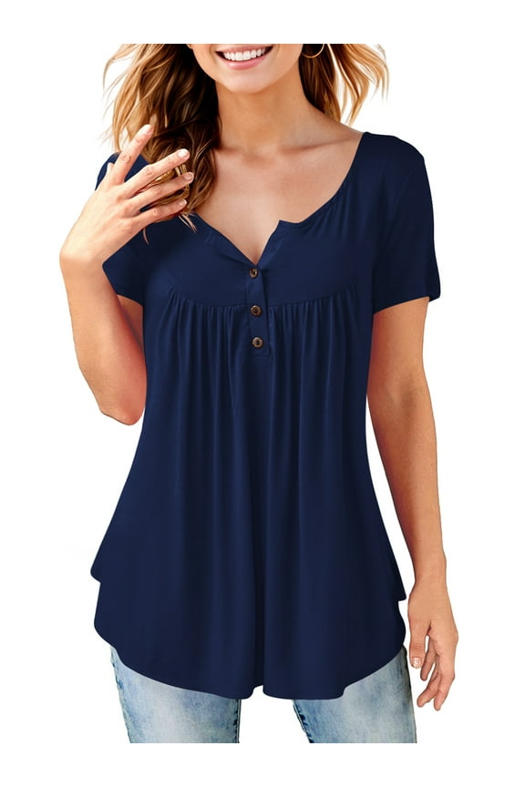 Womens Tunic Tops Short Sleeve V Neck Henley Shirts Blouse Navy 3XL