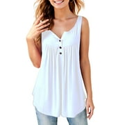 Fancyglim Womens V Neck Henley Tank Tops Pleated Flowy Casual T-Shirts White L