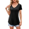 thumbnail image 1 of Fancyglim Womens V-Neck Short Sleeve Long Tunic T-Shirt with Curved Hem, Black L, 1 of 5
