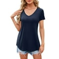 thumbnail image 1 of Fancyglim Womens V-Neck Short Sleeve Long Tunic T-Shirt with Curved Hem, Navy L, 1 of 5