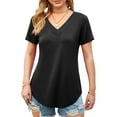 thumbnail image 1 of Fancyglim Womens V-Neck Short Sleeve Shirt Curved Hem Long Tops, Black L, 1 of 4