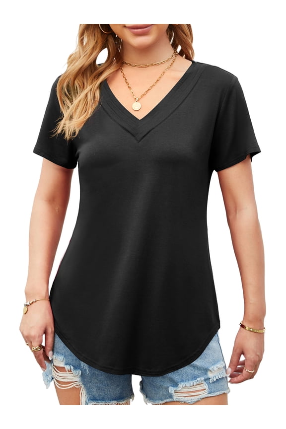 Womens V-Neck Short Sleeve Shirt Curved Hem Long Tops, Black L
