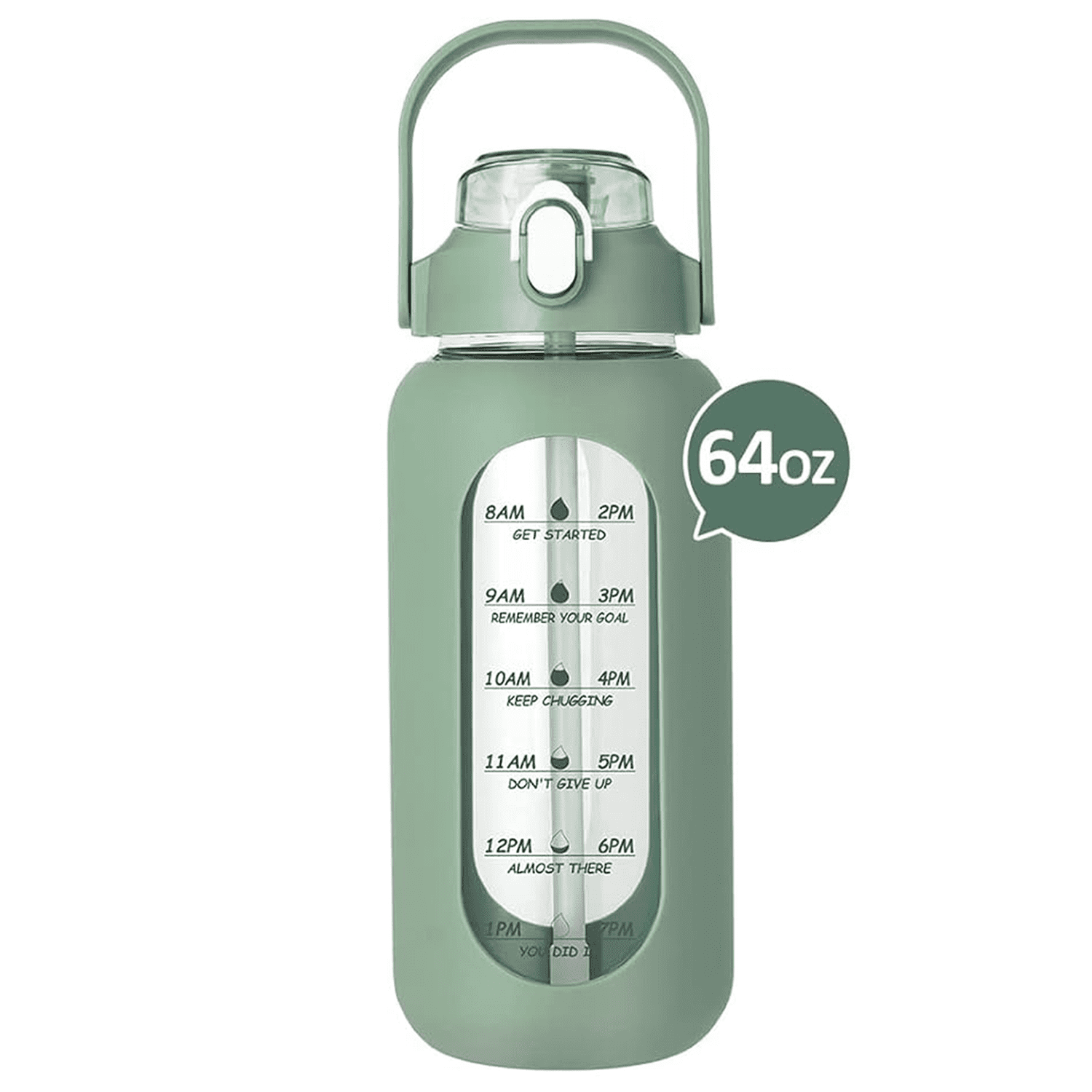 Fandina 64oz Glass Water Bottle with Straw Lid, Large Water Bottle with Time Marker Silicone Sleeve Handle, Motivational Glass Water Jug for Sports Gym Workout Home Office, Green